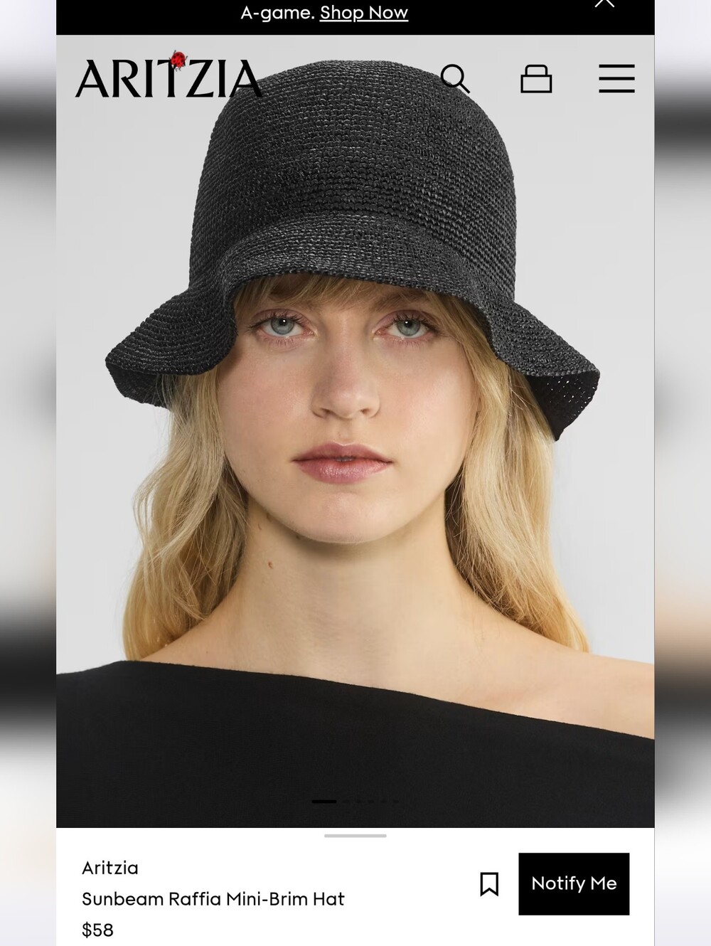 Aritzia Sunbeam Raffia Mini-Brim Hat – Black Large